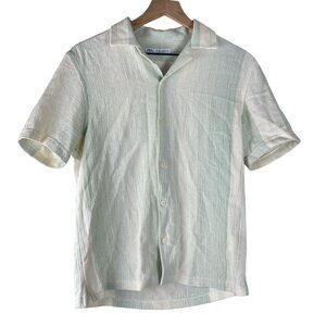 Zara Mens Ivory Mint Striped Camp Collar Knit Button Down Shirt